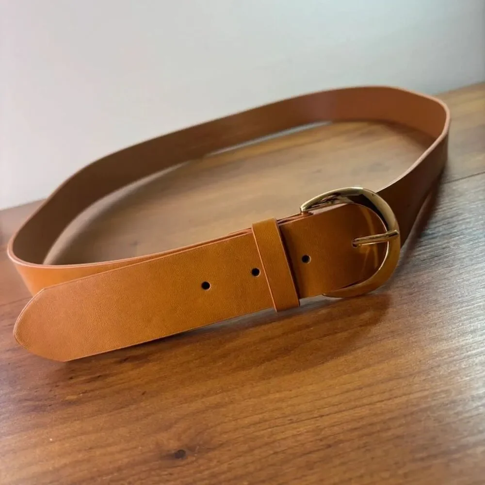 Women’s Cognac Tan Faux Leather Wide Belt Gold Oval Buckle Size 3X Plus